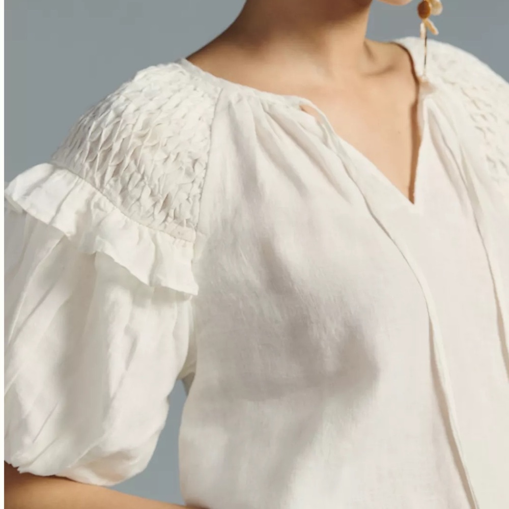 Anthropologie Self Contrast Smocked Linen Blouse - Picture 3 of 8